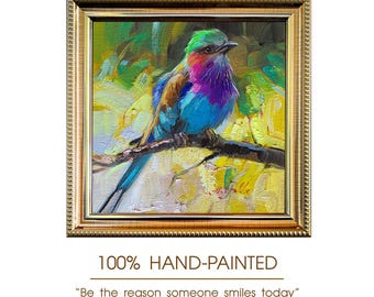 Bird Oil Painting 6x6 inch, Lilac-breasted Roller Bird Art Framed
