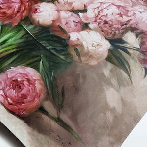 Peony painting, Oil painting original, Large floral paintings on canvas original, Peonies in glass painting, Wide canvas wall art decor image 8