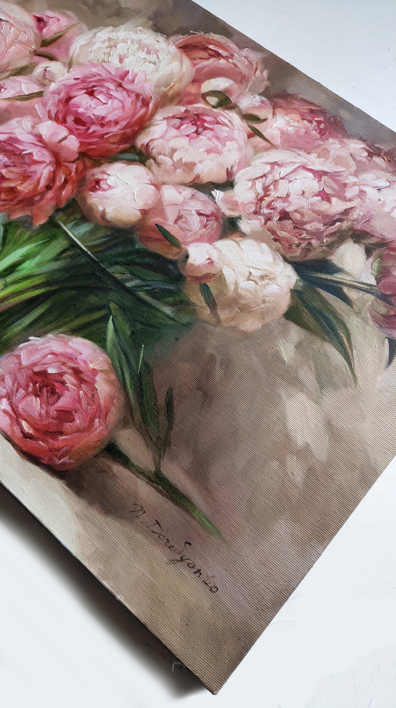 Peony painting, Oil painting original, Large floral paintings on canvas original, Peonies in glass painting, Wide canvas wall art decor image 8