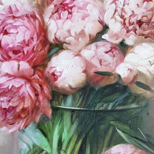 Peony painting, Oil painting original, Large floral paintings on canvas original, Peonies in glass painting, Wide canvas wall art decor image 7