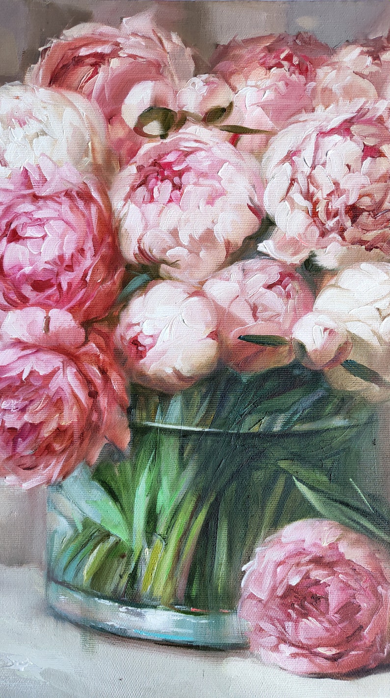 Peony painting, Oil painting original, Large floral paintings on canvas original, Peonies in glass painting, Wide canvas wall art decor image 7