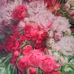 Peony oil painting original canvas, Large painting hot pink white Peony wall art for living room  Extra big picture square gift Housewarming