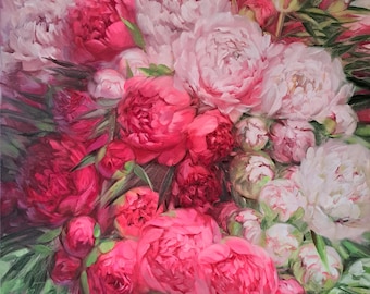 Original Hot Pink Peony Oil Painting on Canvas, Large Floral Wall Art