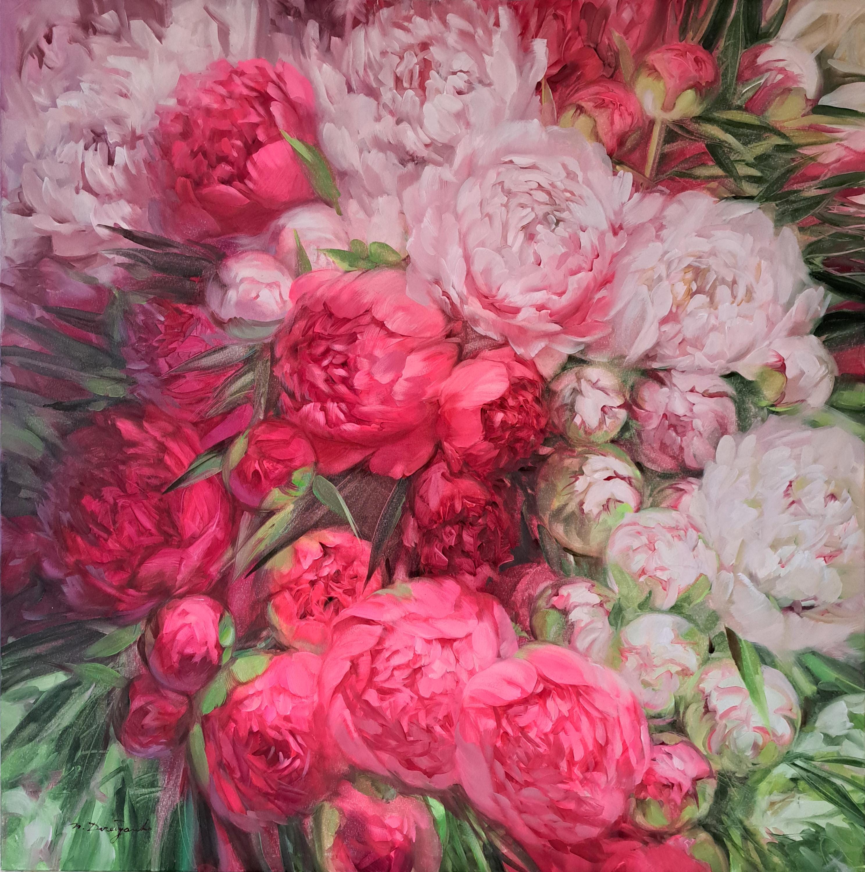 Peony Oil Painting Original Canvas, Large Painting Hot Pink White Peony ...