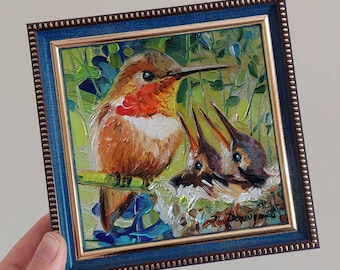 Hummingbird painting original oil art framed 5x5 inch, Rufous hummingbird orange nest painting bird chicks, Sympathy gift mom