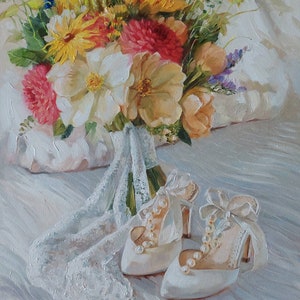 Custom Wedding bouquet painting on canvas, Made to Order flowers portraits, Personalized floral oil painting original