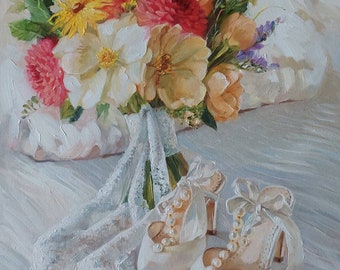 Custom Wedding Bouquet Oil Painting on Canvas, Made-to-Order Floral Portrait
