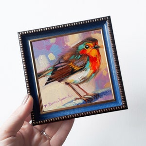 Peinture à l&#39;huile originale d&#39;oiseau de moineau, peinture à l&#39;huile de moineau encadrée, petite image d&#39;oiseaux dans le cadre, cadeau d&#39;art d&#39;oiseau orange brûlé pour maman