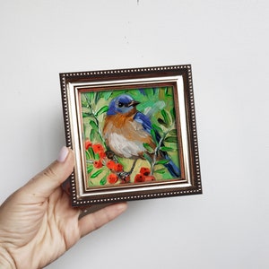 Eastern Bluebird painting original in oil 4x4 framed, Blue bird art illustration small wall art framed, Mothers day gift 4x4 silvergold frame