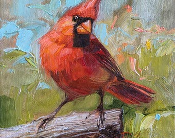 Original Oil Painting Cardinal Bird Art 6x6 In Framed Miniature Canvas