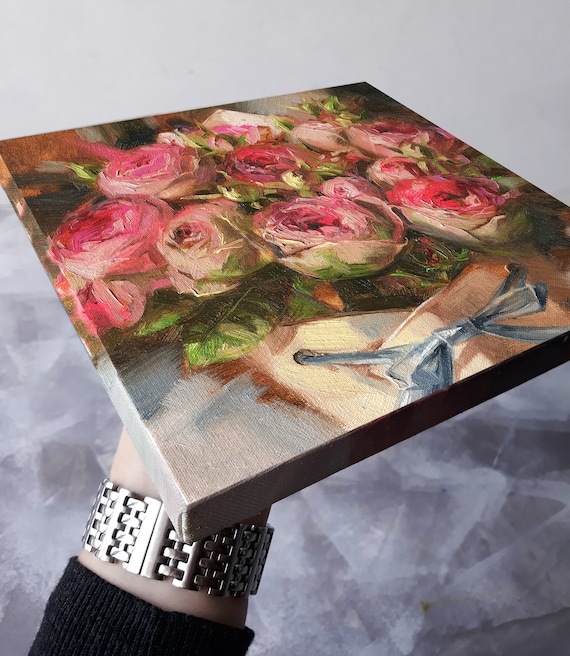オリジナルのバラの花束の油絵、花の印象派アート作品 8 x 8 インチ