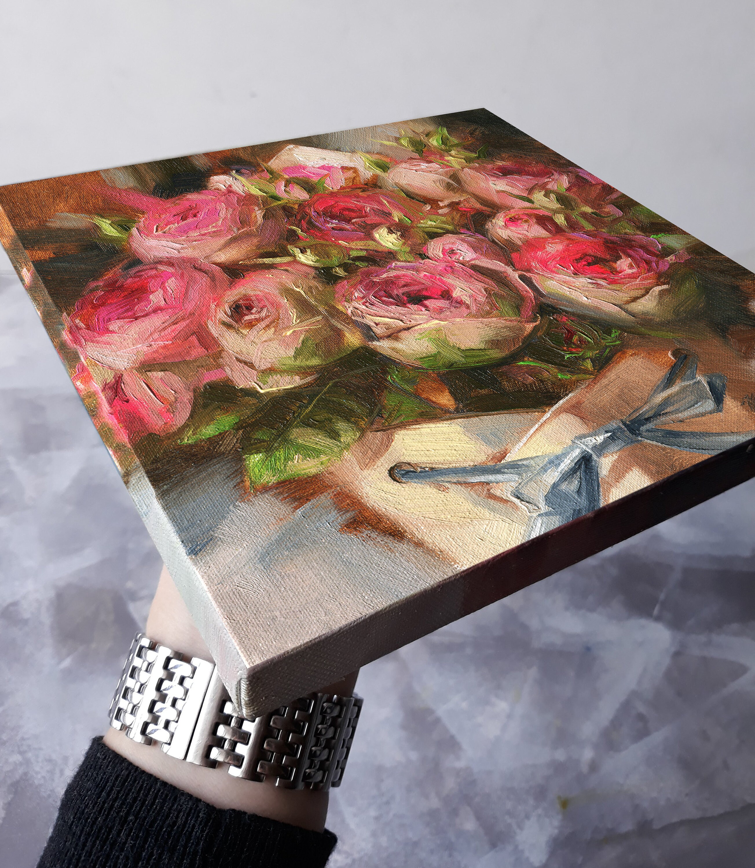 オリジナルのバラの花束の油絵、花の印象派アート作品 8 x 8 インチ