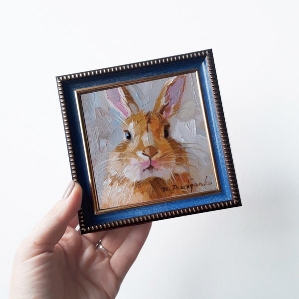 Dipinto di coniglio rosso originale incorniciato 4x4, Piccolo dipinto incorniciato coniglio opera d'arte, Bunny pet painting per asilo nido
