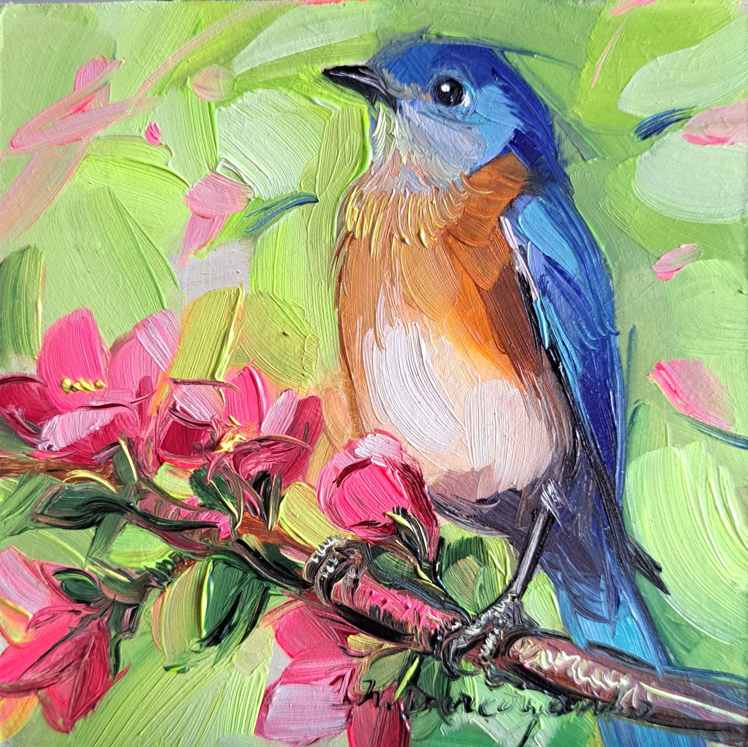 Bluebird Oil Painting Original Framed 4x4, Blue Bird Art Miniature