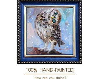 Pintura al óleo original de búho enmarcada, miniatura de ave de 4 x 4 pulgadas, colección de animales.