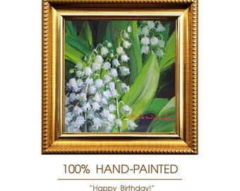 Original Lily of the Valley Oil Painting, 4x4 Inch Framed Floral Art