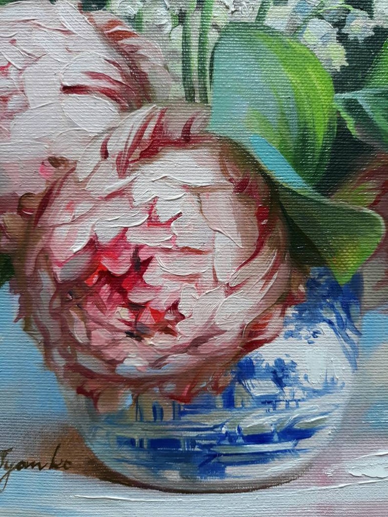 Peony bloemen olieverfschilderij origineel en Lily of the valley art Pink peony wall art Verjaardagscadeau voor vrouwen afbeelding 4