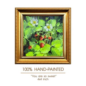 オリジナル油絵「イチゴと花」、額装済み壁掛けアート、4×4インチのミニチュア印象派アート