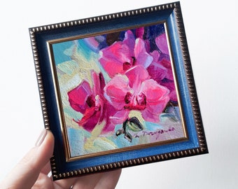 Orchidée peinture art mural floral rose original 4 x 4, petit art peinture florale encadrée cadeau maman