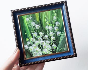 スズランの絵画、誕生花ギフト、小さな額入り花のアート 4 x 4 インチ