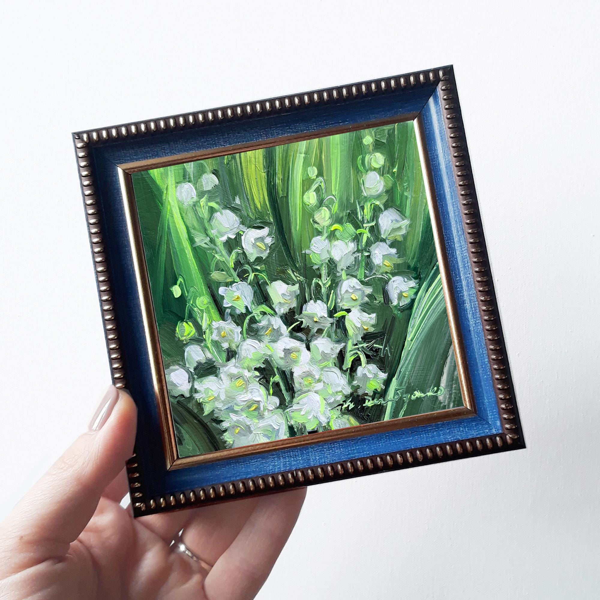 スズランの絵画、誕生花ギフト、小さな額入り花のアート 4 x 4 インチ
