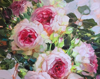 キャンバスに描かれたオリジナルのバラの油絵、花柄のホーム