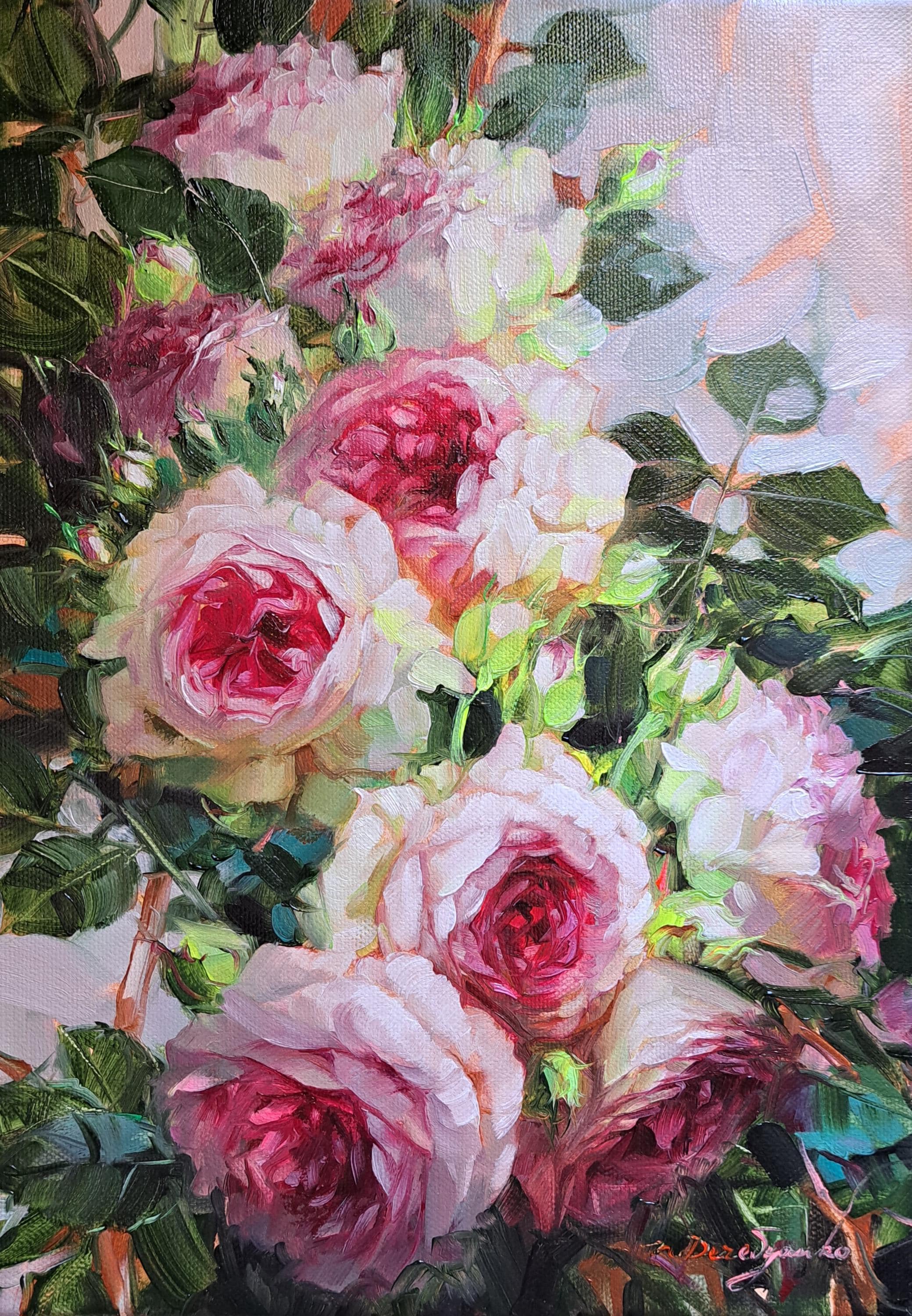 キャンバスに描かれたオリジナルのバラの油絵、花柄のホーム