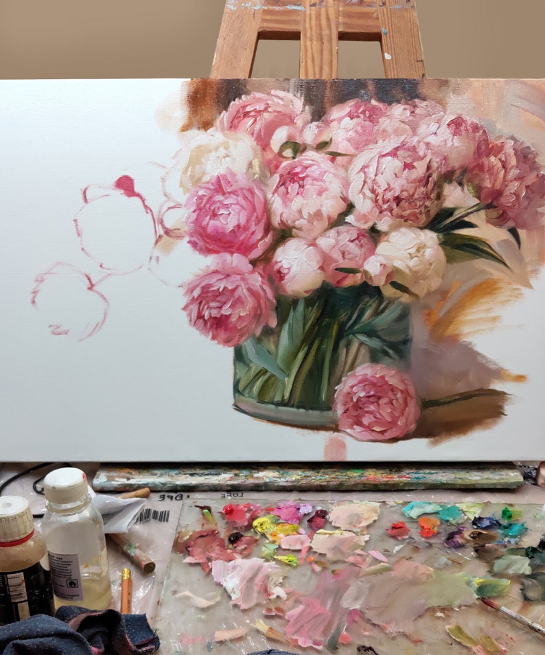 Peony painting, Oil painting original, Large floral paintings on canvas original, Peonies in glass painting, Wide canvas wall art decor image 6