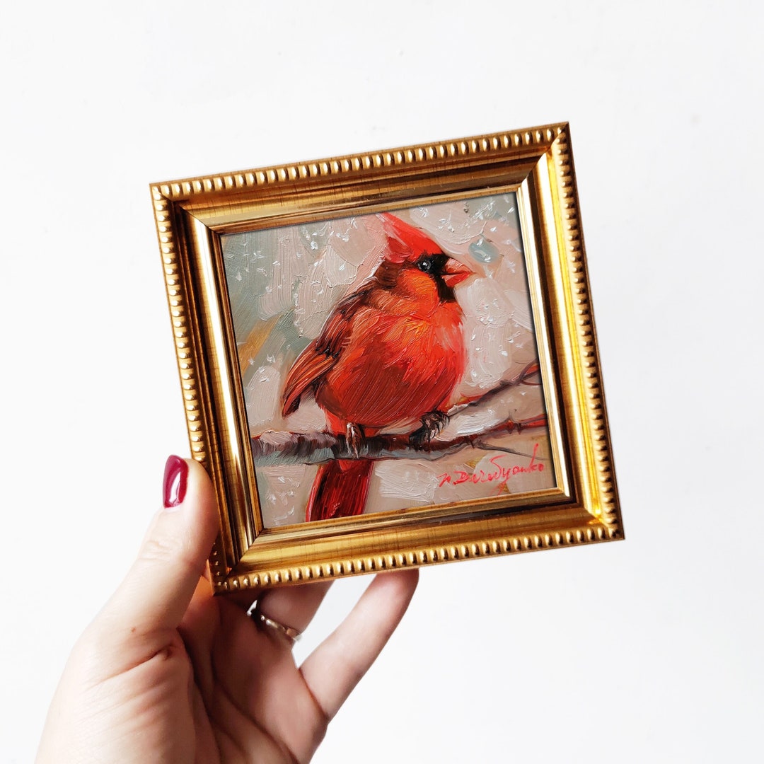 Cardinal Bird Oil Painting Original Small Art Framed, Gold Red Bird ...