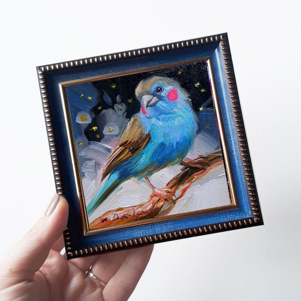 Petrol blauer Vogel Ölgemälde original gerahmte Kunst 4x4, Mini Vogel Wand Tierwelt Kunst Geschenk für Freundin