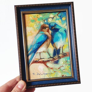 Two bird painting original canvas in wood frame, Bluebird oil painting, Bird art in frame, Small art framed love painting gift image 9