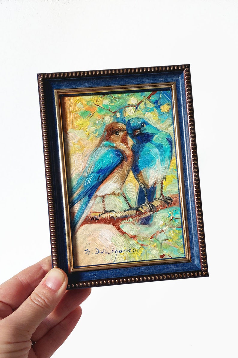 Two bird painting original canvas in wood frame, Bluebird oil painting, Bird art in frame, Small art framed love painting gift image 9