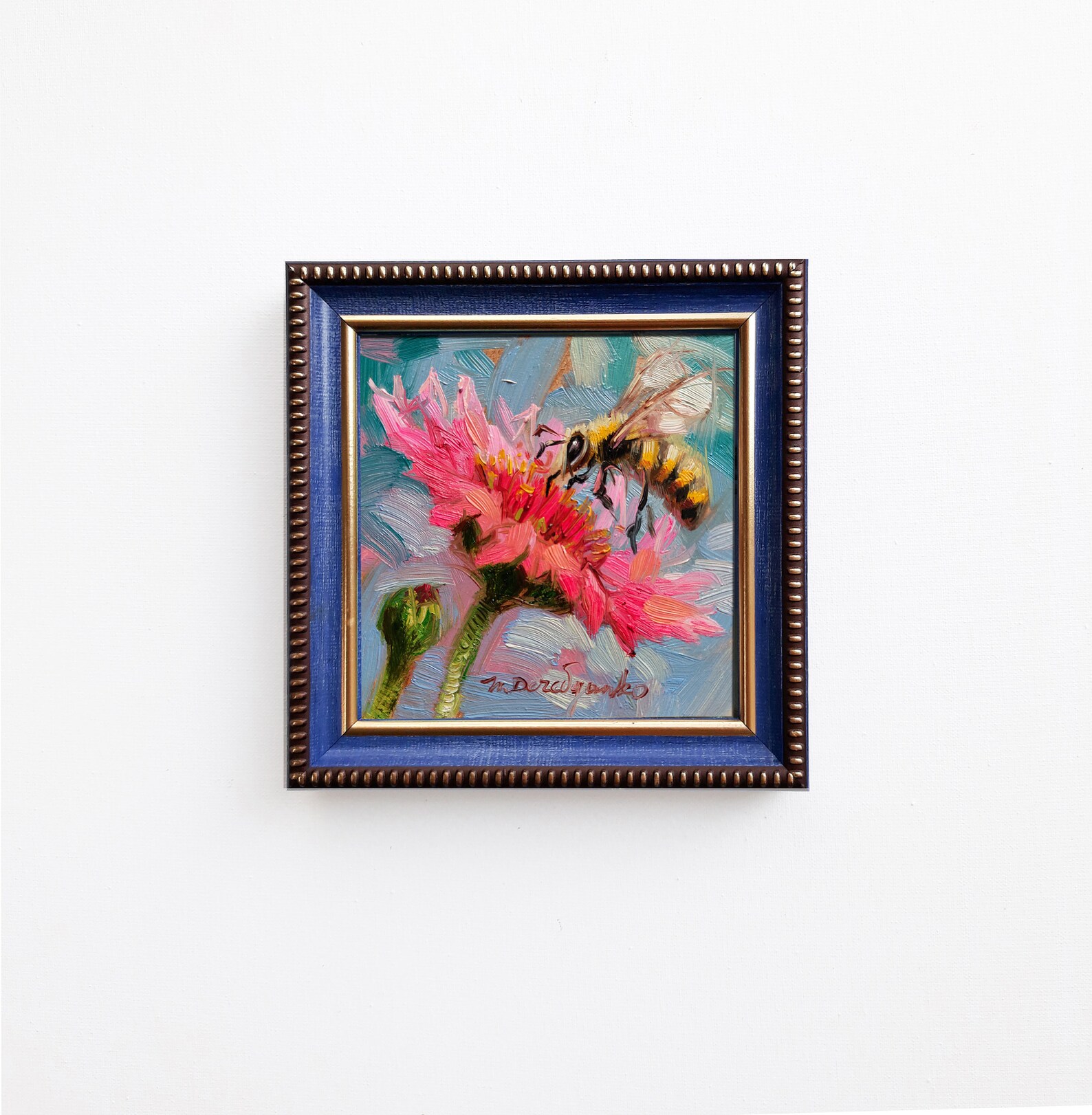 Bee Oil Painting Original Art Pink Flower, Bee Wall Art Picture in ...