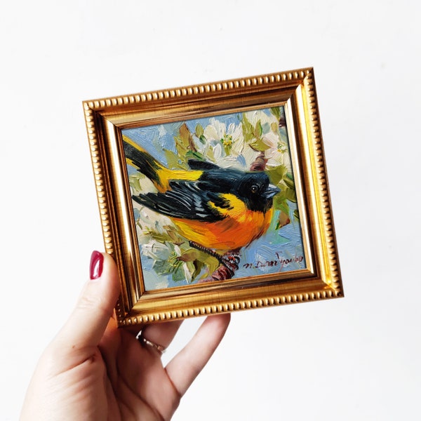 Peinture à l’huile d’oiseau originale 4x4, Petit cadre art Baltimore oriole oiseau sur branche de fleur, Cadeau miniature pour petite amie