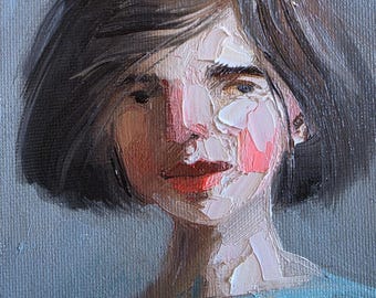 Woman Original Oil Painting on Canvas 4x6 in, Female Teètured Portrait Framed Artwork
