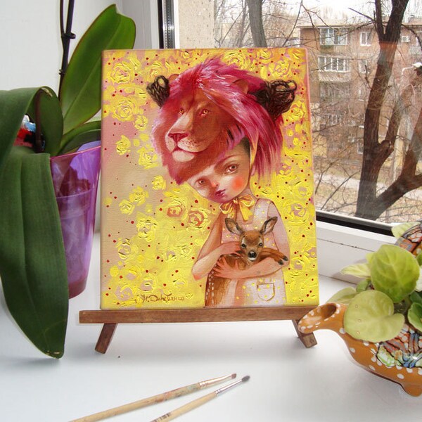 Lion Art painting Astrology art zodiac art canvas illustration children whimsical girl art wall art animal woman art yellow FREE SHIPPING