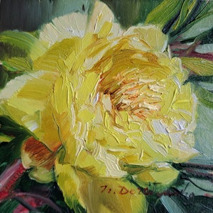 Peony flower oil painting original art, Floral painting yellow peony artwork impressionist, Birthday gift for women un frame inches