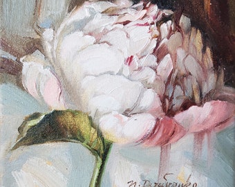Small painting flowers on canvas original, Art painting peonies flowers, White peony wall art, Peony painting