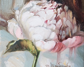 Original Peony Oil Painting on Canvas, Floral Still Life Art (6x6 in)