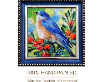 Original Oil Painting Bluebird Art, Framed Small Wall Art, Impressionist Birdie Illustration
