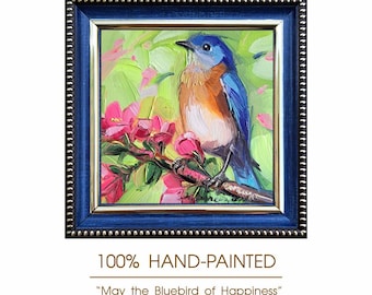 Original Bluebird Oil Painting, Framed Miniature Wall Art, 4x4