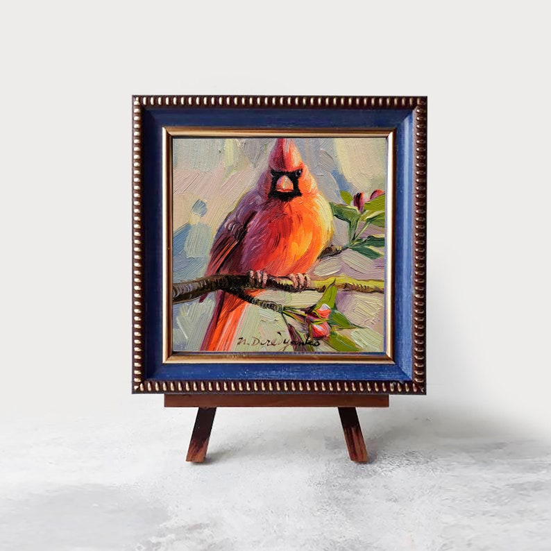 Cardinal Bird Small Artwork Red Bird Oil Painting Original Frame 4x4 ...