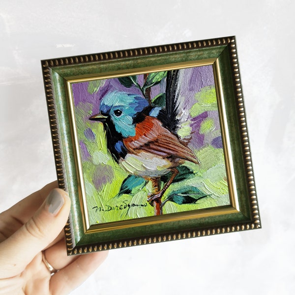 Fairy Wren Vogel Ölgemälde original 4x4, Miniatur Vogel Kunst klein gerahmt, Bunte Vogel kleine Kunstwerk, Vogel Kunstwerk