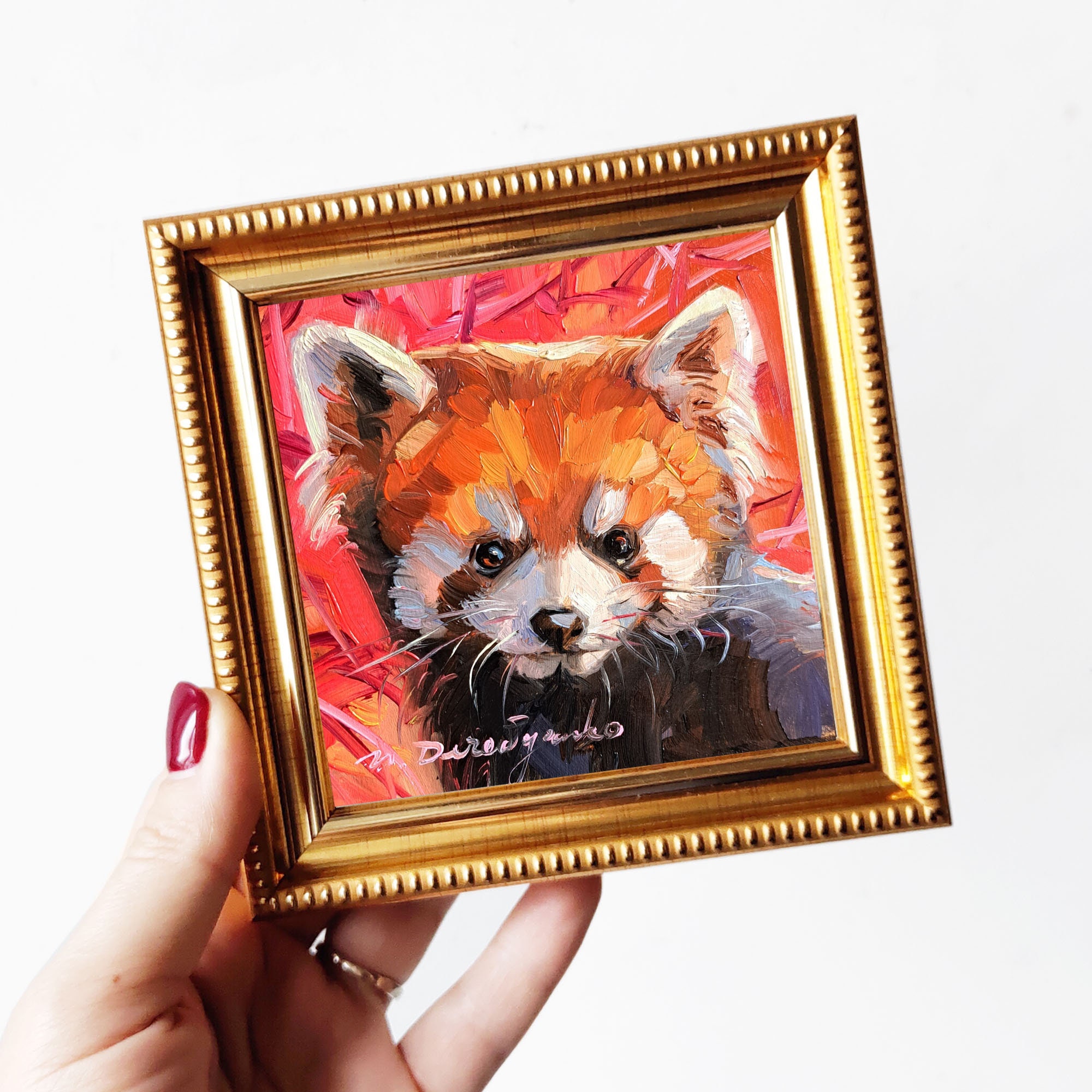 オリジナルの小さな油絵。 レッサーパンダの絵画オリジナルフレーム 4x4、小さな油絵アートワーク