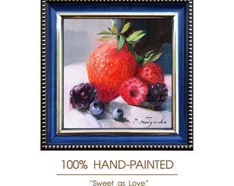 Original Berry Oil Painting, Framed Kitchen Wall Art, 4x4 Inch Impressionist Fruit