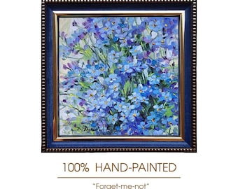 Original Oil Painting Forget-Me-Not Flowers, 5x5 Inch Framed Floral Artwork