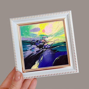 Abstract art original small painting 4x4 framed art, Artwork abstract Landscape sky moon, Small wall art tiny painting Birthday gift