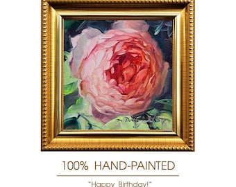Pintura al óleo original de una rosa, obra de arte floral enmarcada de 4 x 4 pulgadas (¡Feliz cumpleaños!)