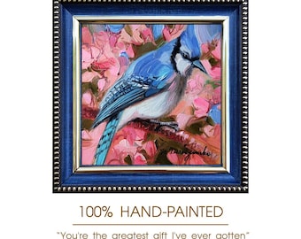 Original Blue Jay Oil Painting, 4x4 Framed Bird Artwork, Miniature Blue Frame