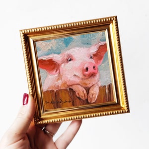 Pig oil painting original artwork 4x4, Animal small painting frame, Nursery wall art piggy lover gift